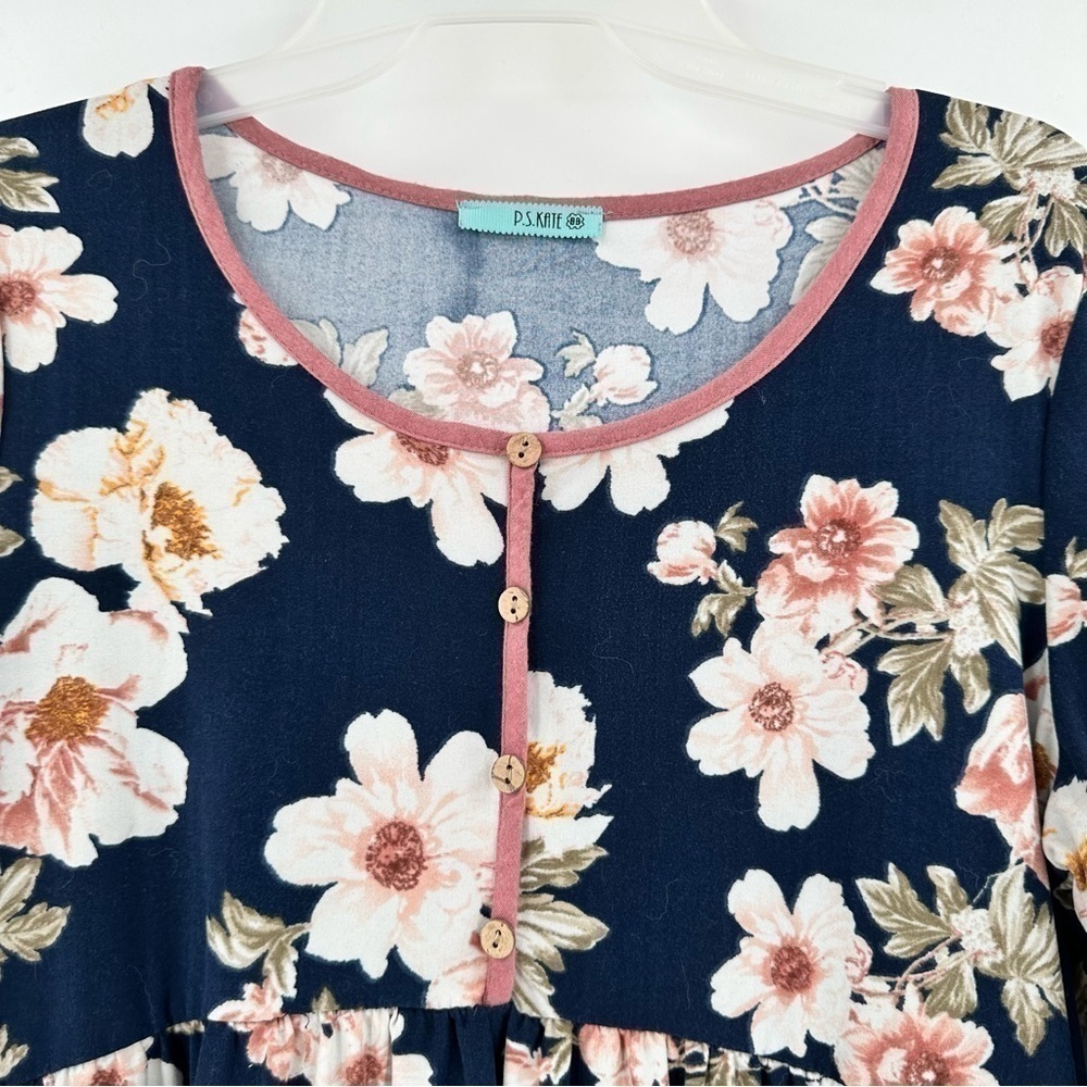 PS Kate Women’s Navy Flowy Floral Pink Trim Gathered Waist 3/4 Sleeves Top Sz Lg - Picture 3 of 8